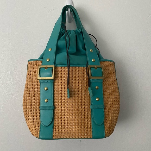 Kate Landry Handbags - Kate Landry straw and teal leather tote bag